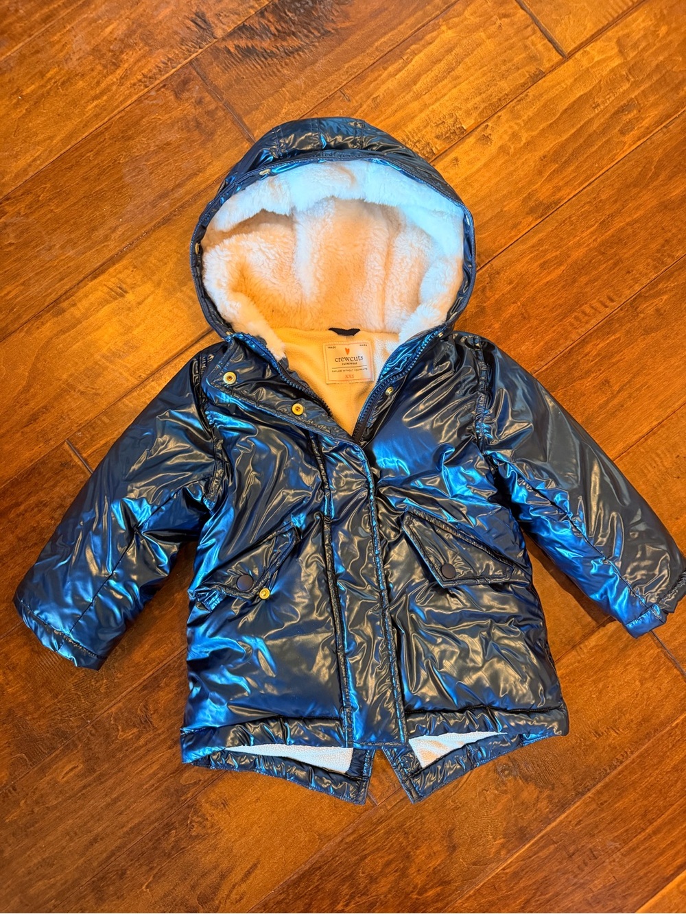 Crewcuts Shiny Navy Hooded Puffer with White Sherpa Lining